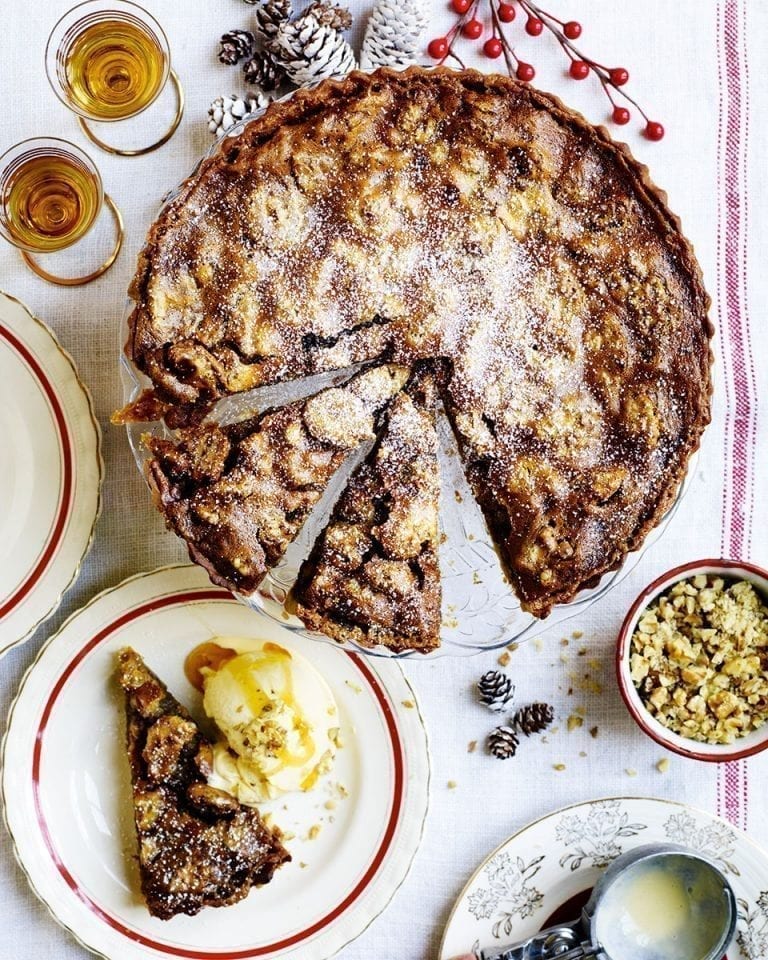 Whisky, walnut and brown butter tart with atholl brose ice cream