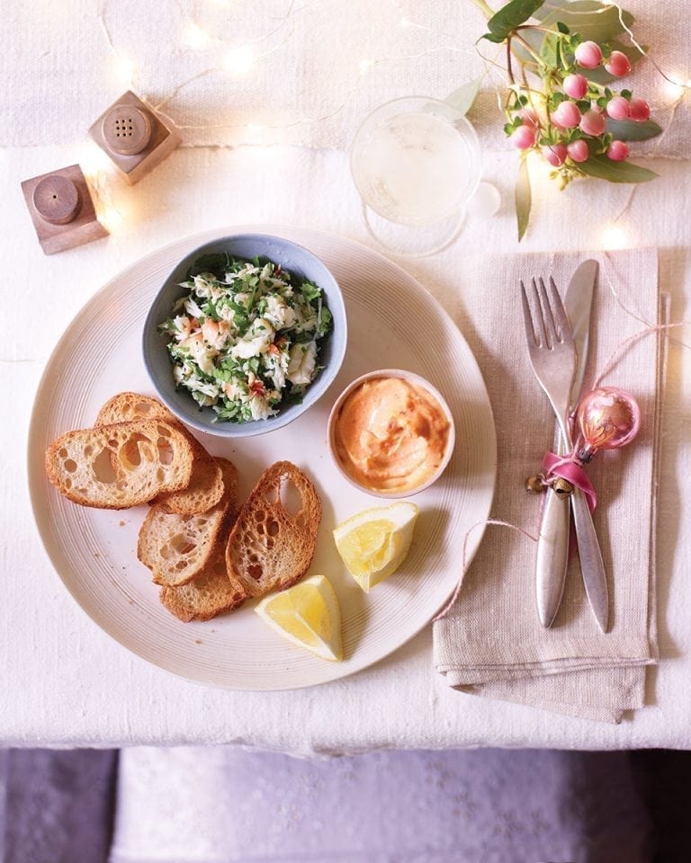 Herbed crab, saffron and chilli mayonnaise with toasted baguette recipe | delicious. magazine