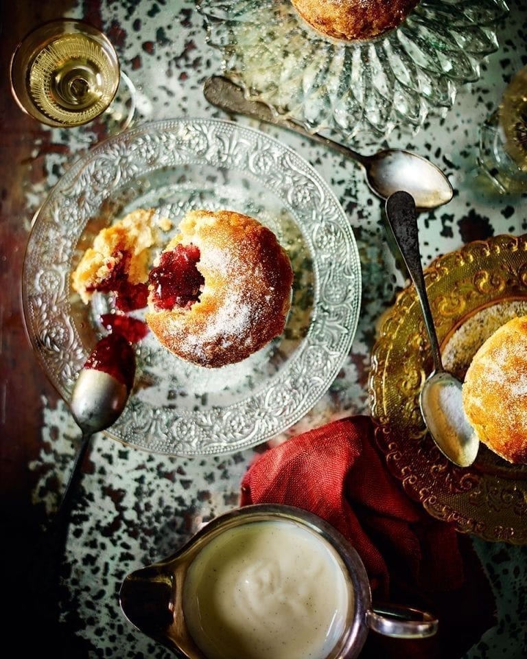 Damson roly-poly doughnut puddings with boozy custard