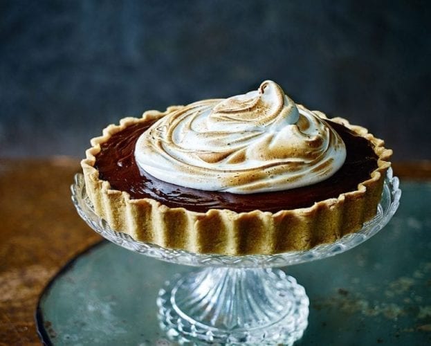 Chocolate, hazelnut and cherry tart with burnt meringue