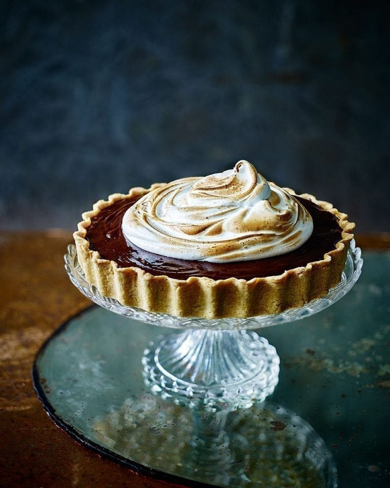 Chocolate, hazelnut and cherry tart with burnt meringue