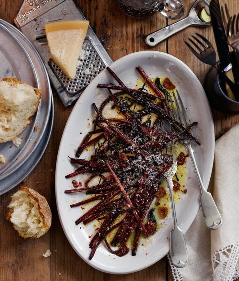 Charred beetroot stalks with lemon and parmesan