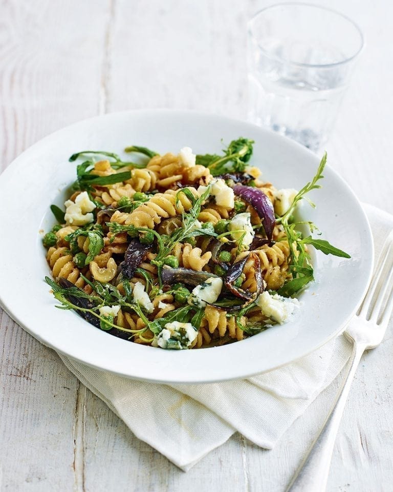 Roasted red onion, walnut and blue cheese pasta recipe delicious