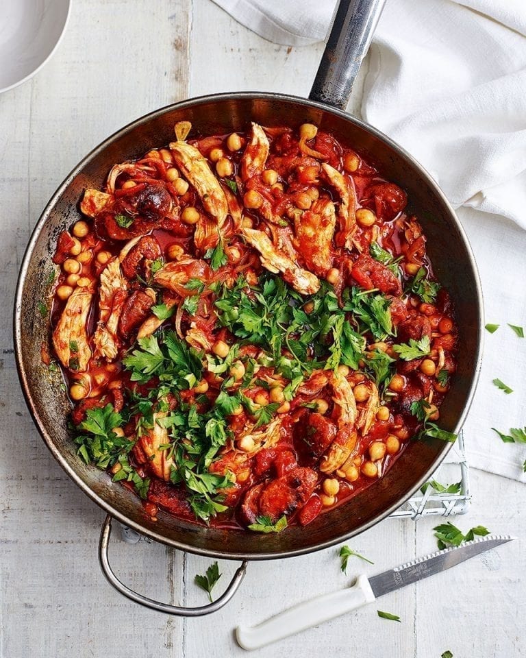 Turkey and chorizo stew in a pan