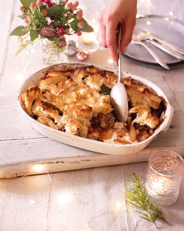 Baked pork, almond and marsala stuffing with bread sauce topping