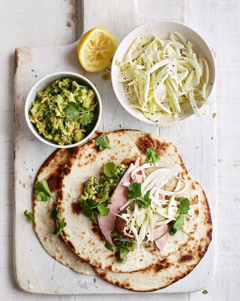 Ham, fresh fennel slaw and spicy avocado wraps