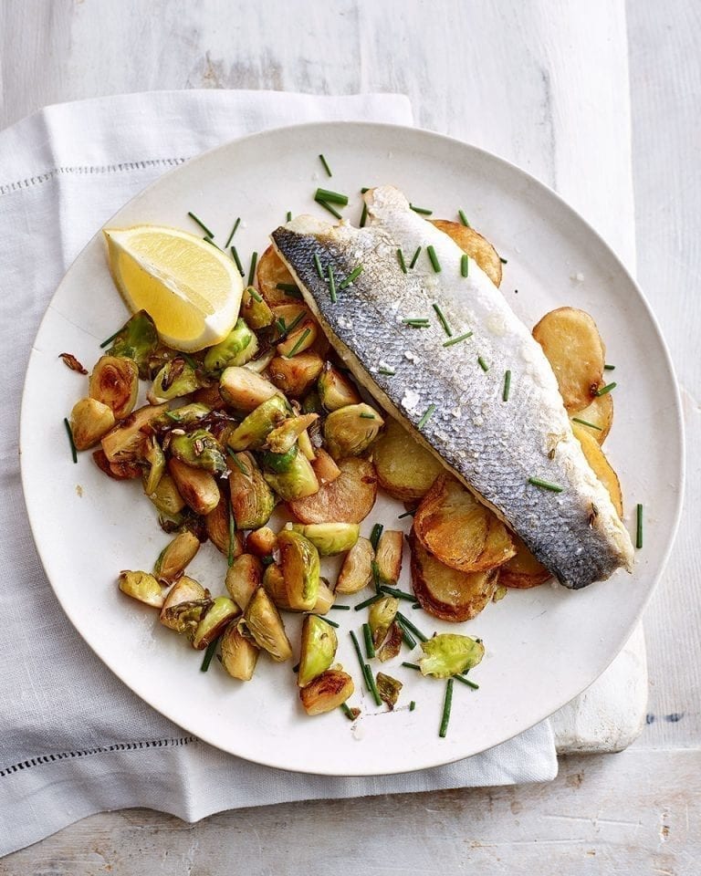 Easy baked fish and chips with fried brussels sprouts