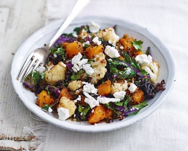 Roasted vegetable and chickpea quinoa salad