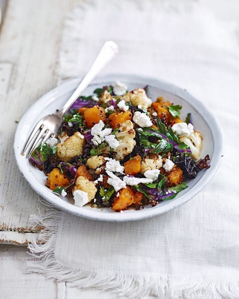 Easy warm roast cauliflower, sweet potato and quinoa salad