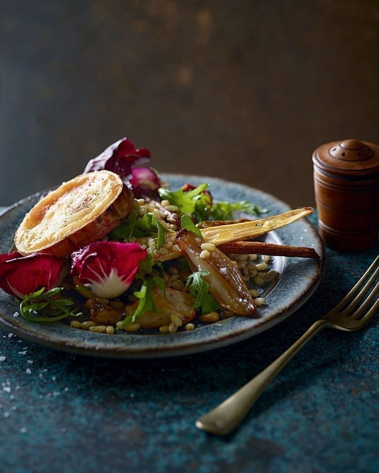 Honey-roast jerusalem artichoke, parsnip and pearl barley salad with grilled goat’s cheese