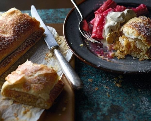 Cardamom marzipan roll with baked rhubarb