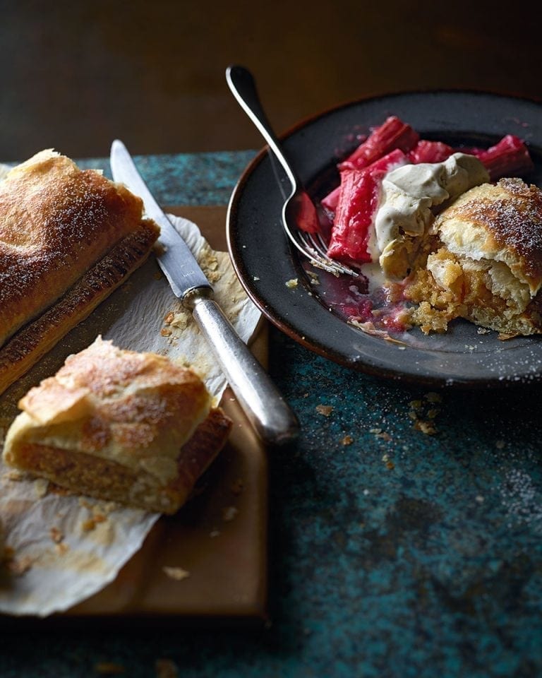 Cardamom marzipan roll with baked rhubarb