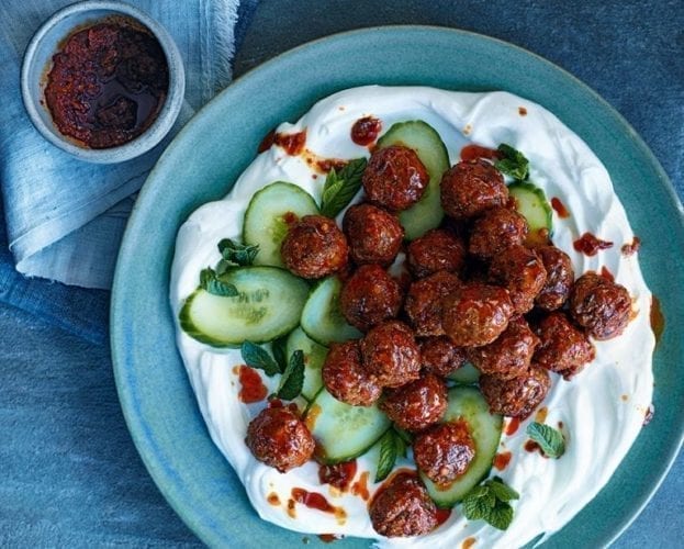 Lamb meatballs in harissa with salted cucumbers