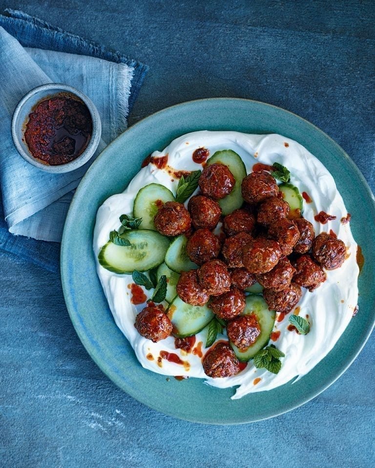 Lamb meatballs in harissa with salted cucumbers