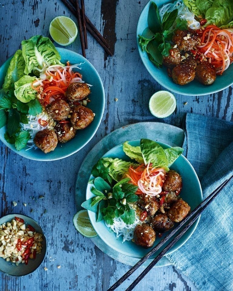 Sticky Vietnamese pork meatballs with rice noodles and pickled vegetables