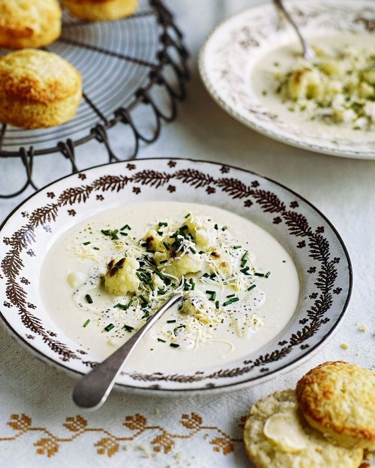 Cauliflower cheese soup with mustard seed and cheddar scones