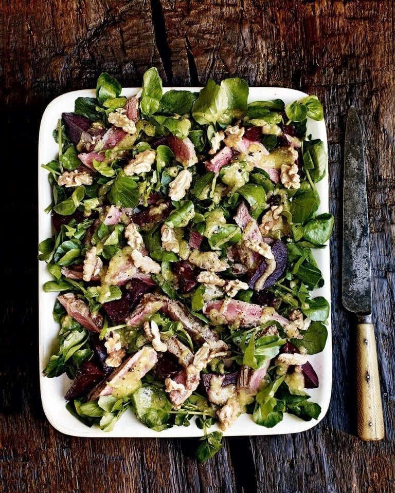 Steak tagliata with roast beetroot, watercress, walnuts and mustard dressing