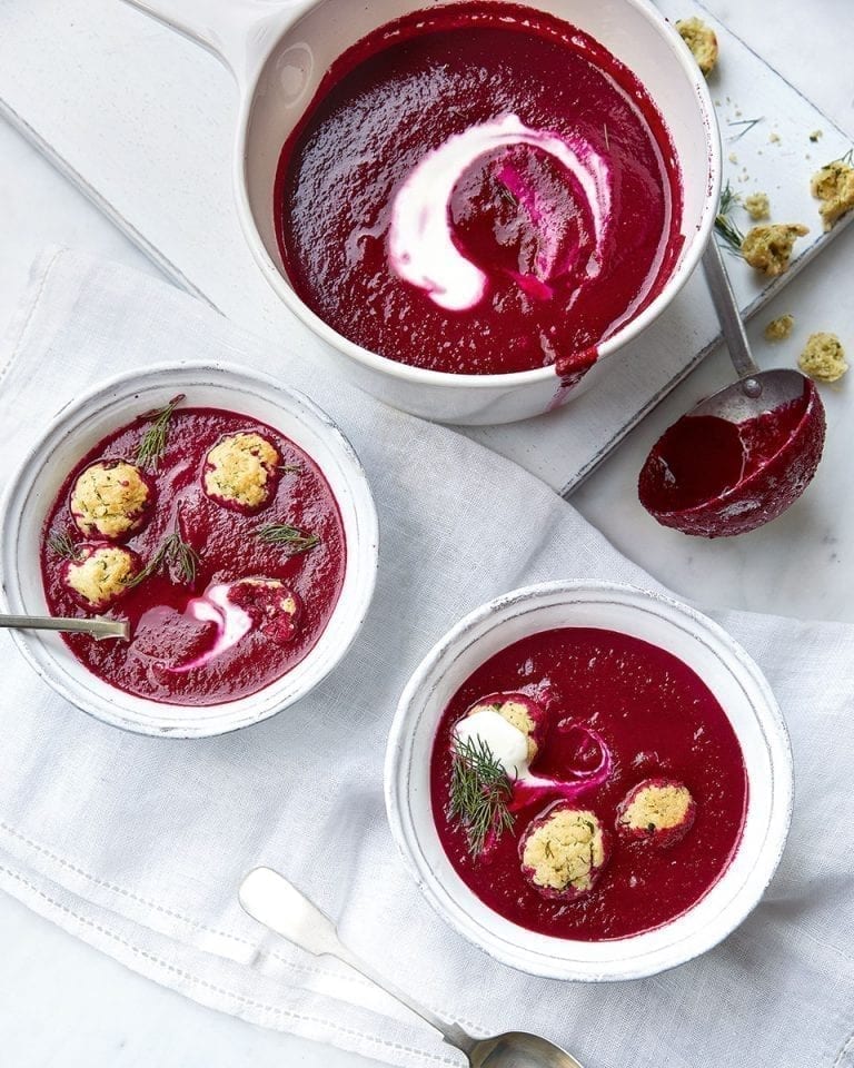 Beetroot, apple and horseradish soup with herb dumplings