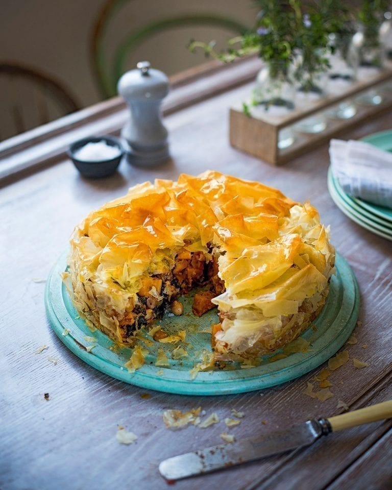 Squash, spinach and chickpea filo pie