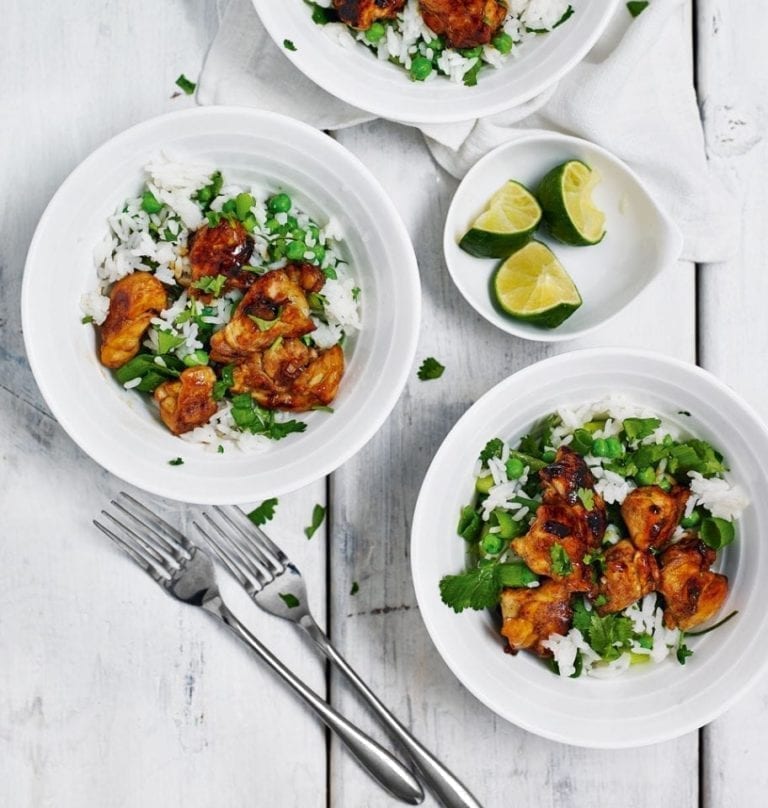 Quick Japanese-style chicken with pea and herb rice