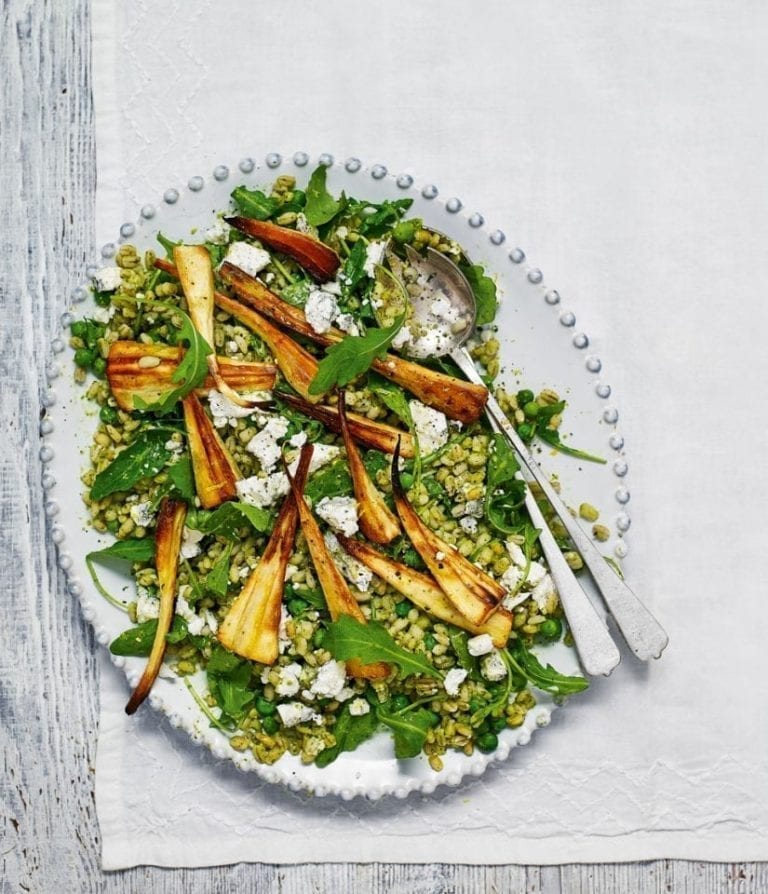 Easy green pearl barley salad with roast parsnips and goat’s cheese