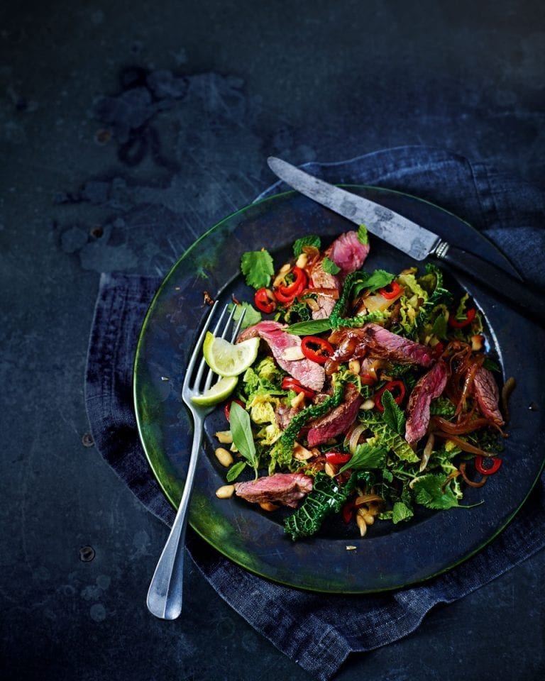 Seared Asian-style beef and stir-fried savoy cabbage