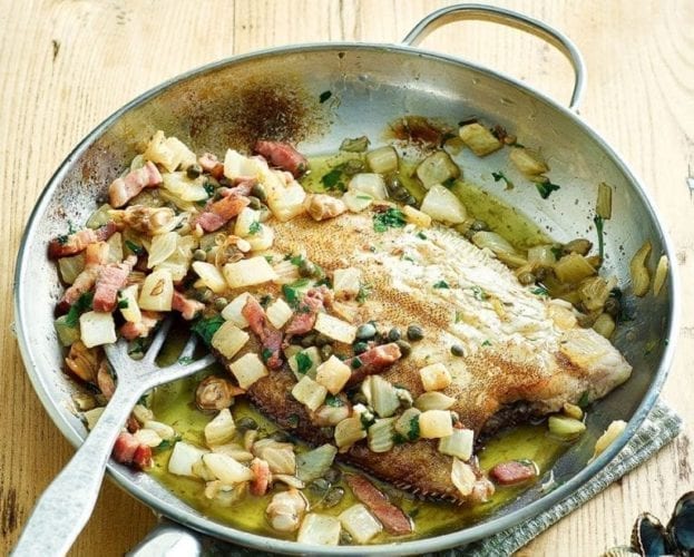 Lemon sole with lemon butter and peas