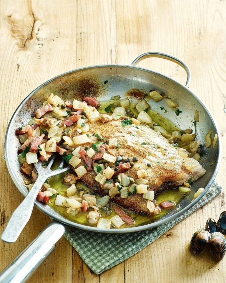 Megrim sole with smoked bacon, fennel and cockles