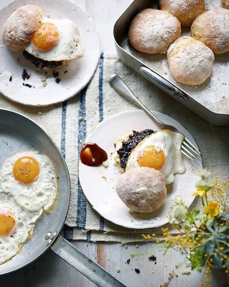 Egg and black pudding on Scottish morning rolls
