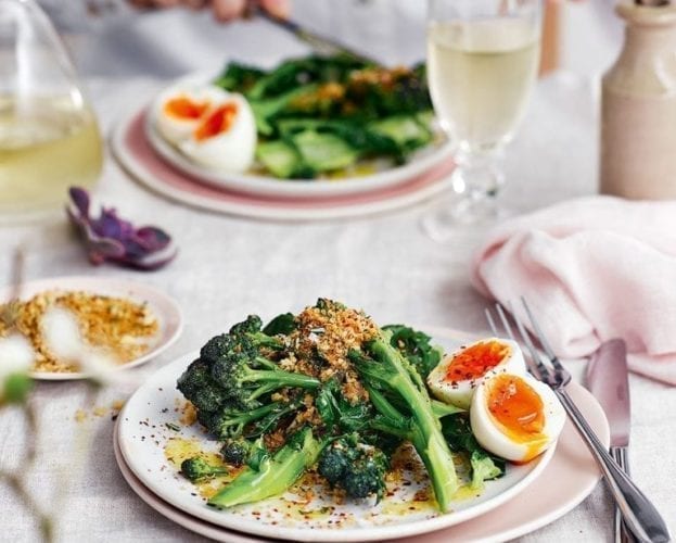 Purple sprouting broccoli gratin