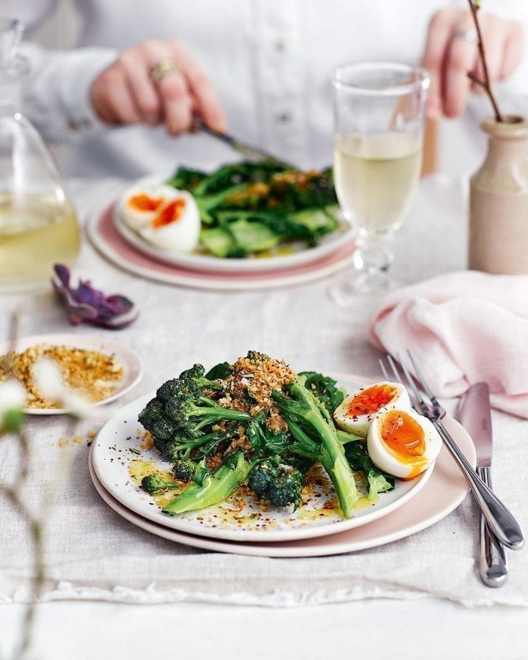 Purple sprouting broccoli with soft-boiled egg and crisp rosemary breadcrumbs