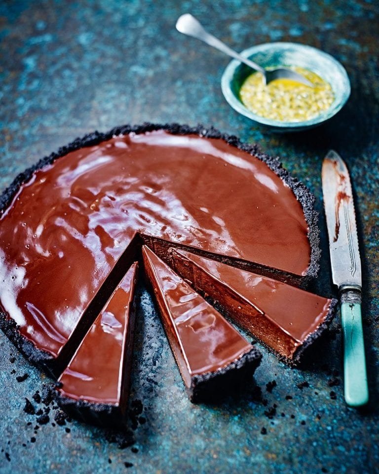 Chocolate mousse and passion fruit tart