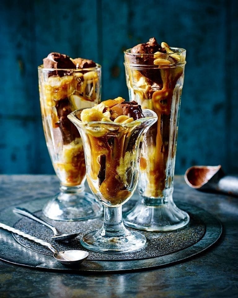 Banana, peanut and caramel chocolate ice cream sundae