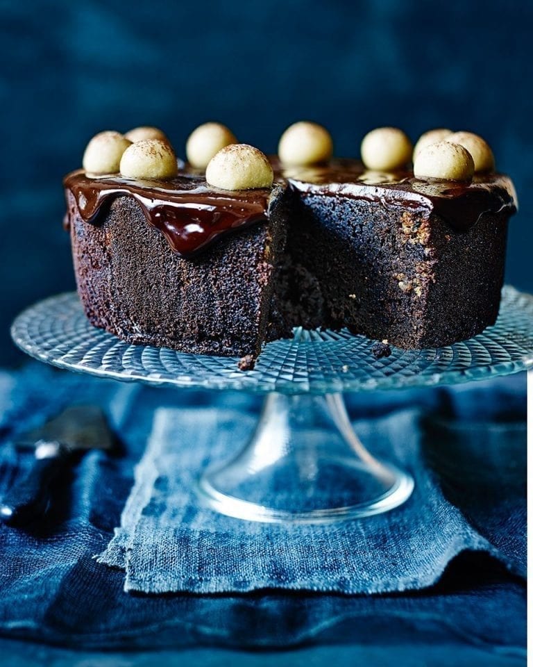 Sour cherry and chocolate simnel cake with hazelnut marzipan