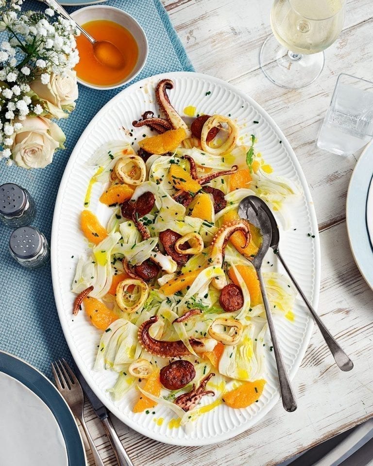 Squid, fennel and chorizo salad with orange oil