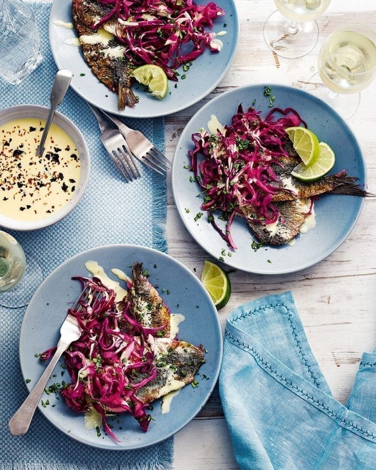 Soused sardines with red cabbage and seaweed salad cream