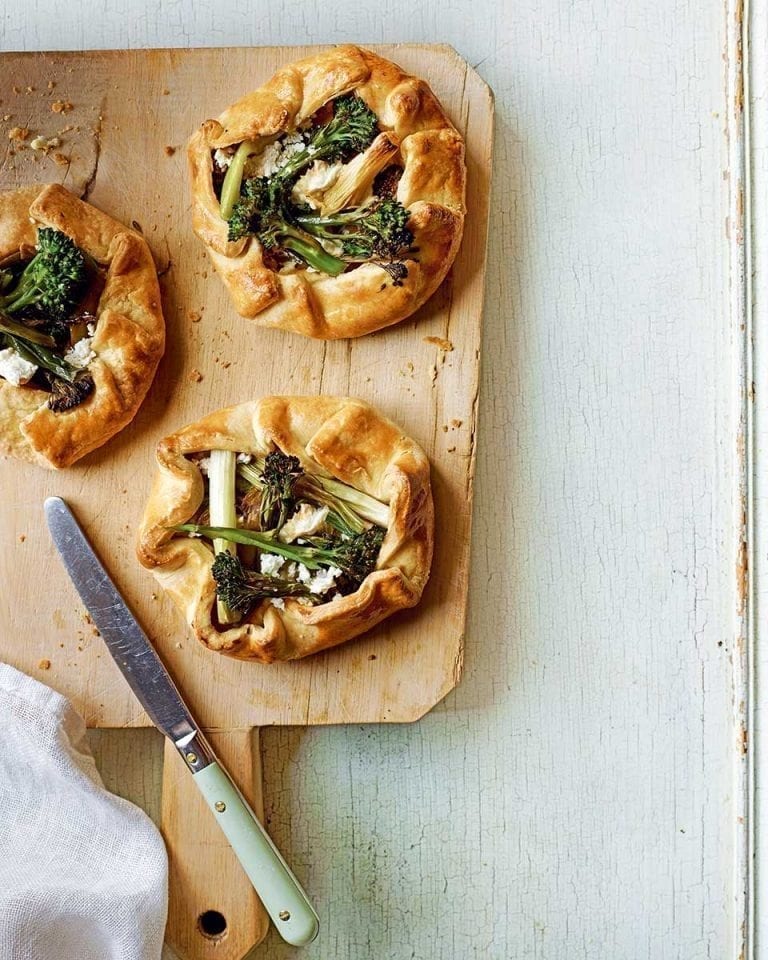 Tenderstem and spring onion galettes with goat’s cheese