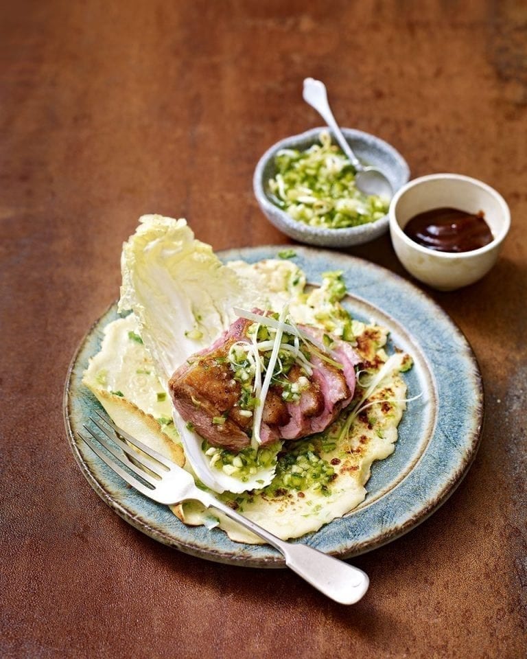 Duck pancakes with quick-pickled spring onions