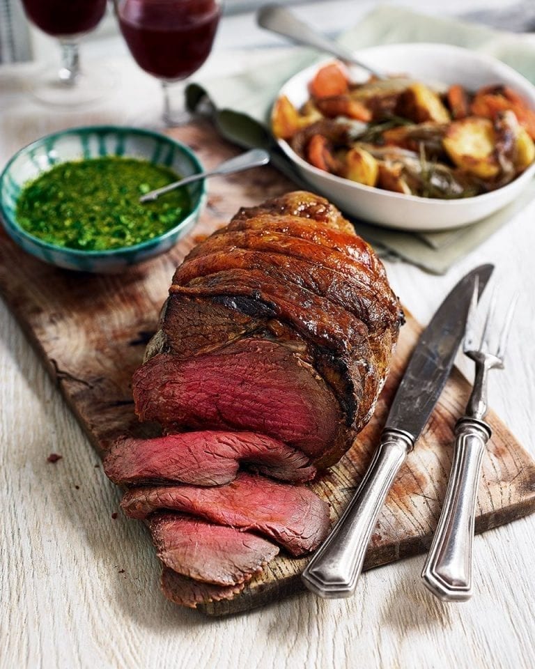 Beef rump with salsa verde and sherry-roast root vegetables