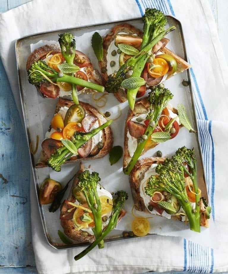 Lemon ricotta bruschetta with Tenderstem and heirloom tomatoes