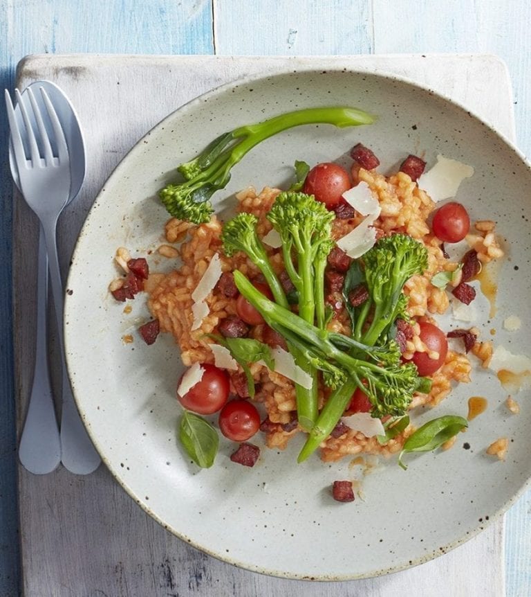 Tomato and chorizo risotto with garlic Tenderstem