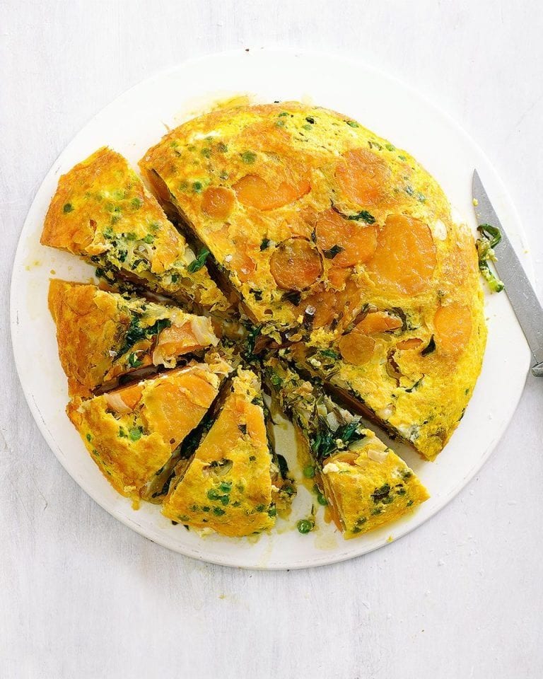 Quick spring green, sweet potato and chilli frittata