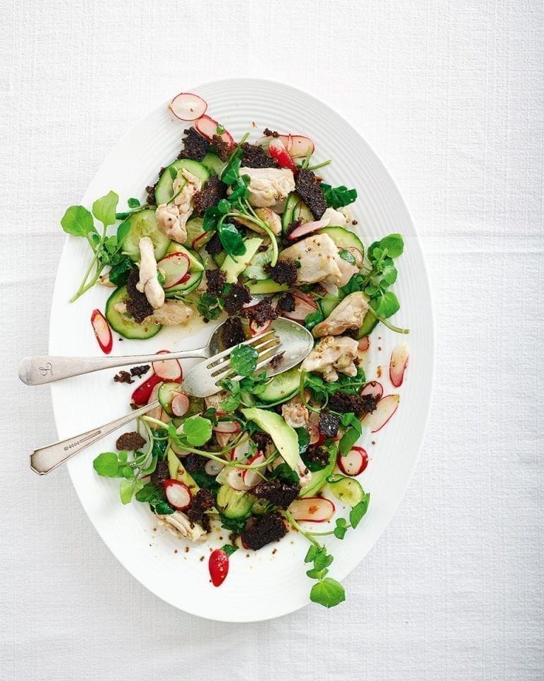 Quick griddled chicken, avocado and pumpernickel salad