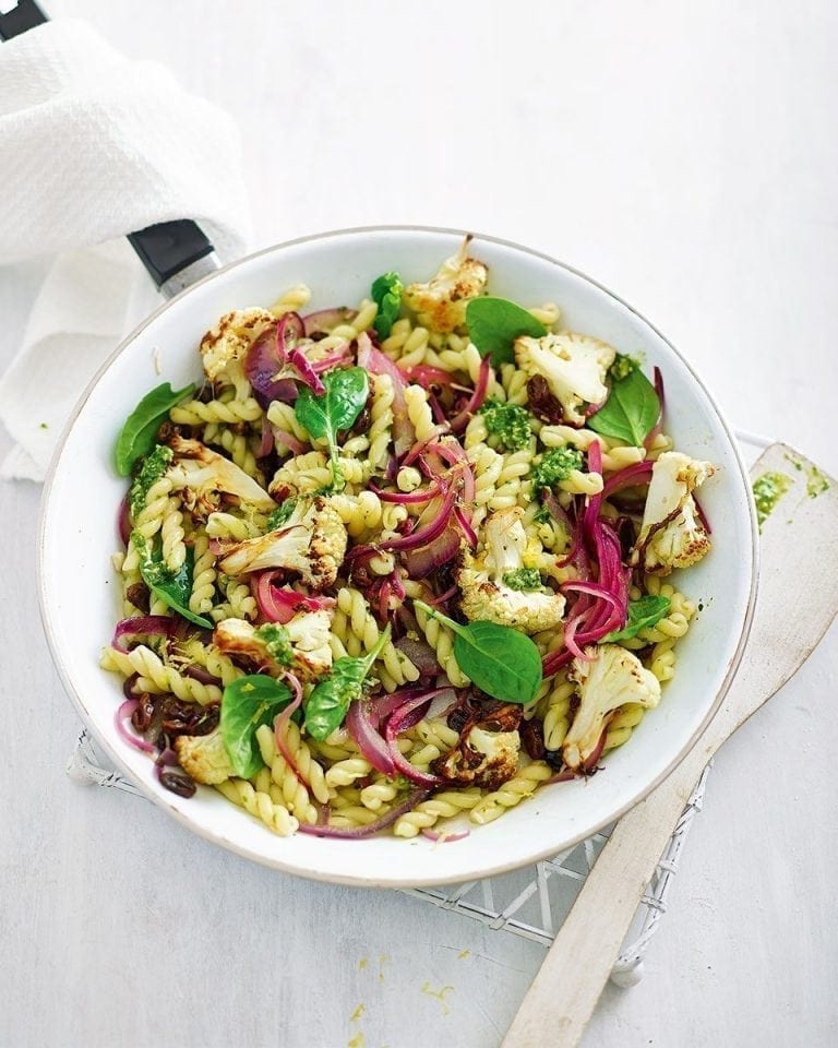 Roasted cauliflower and pesto pasta