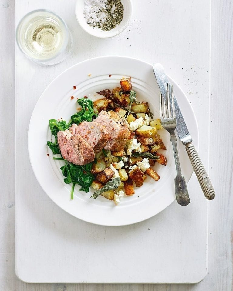 Easy pork tenderloin with roasted feta, rosemary, sage and olive oil potatoes