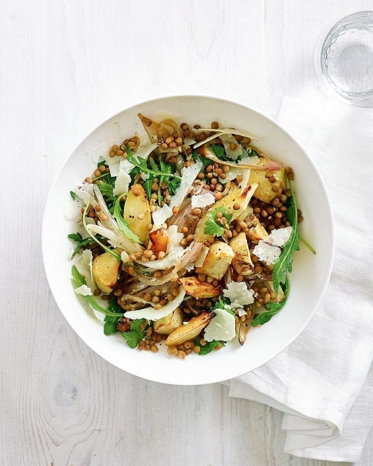 Easy roasted shallot and parsnip lentil salad