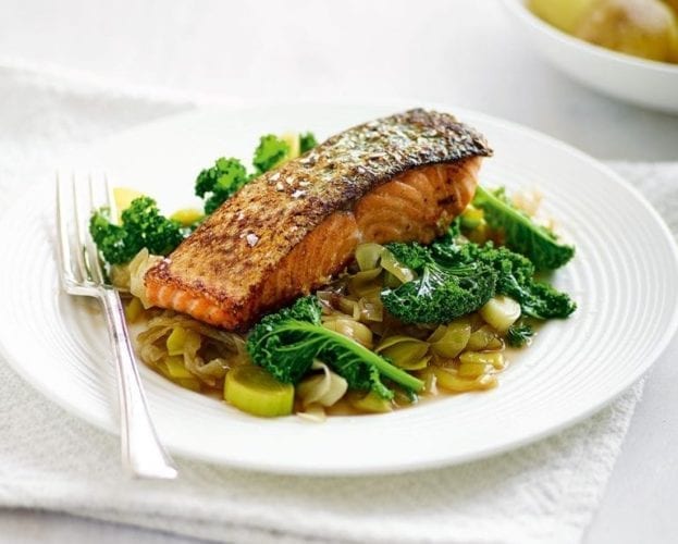 Pan-fried salmon with herby courgettes