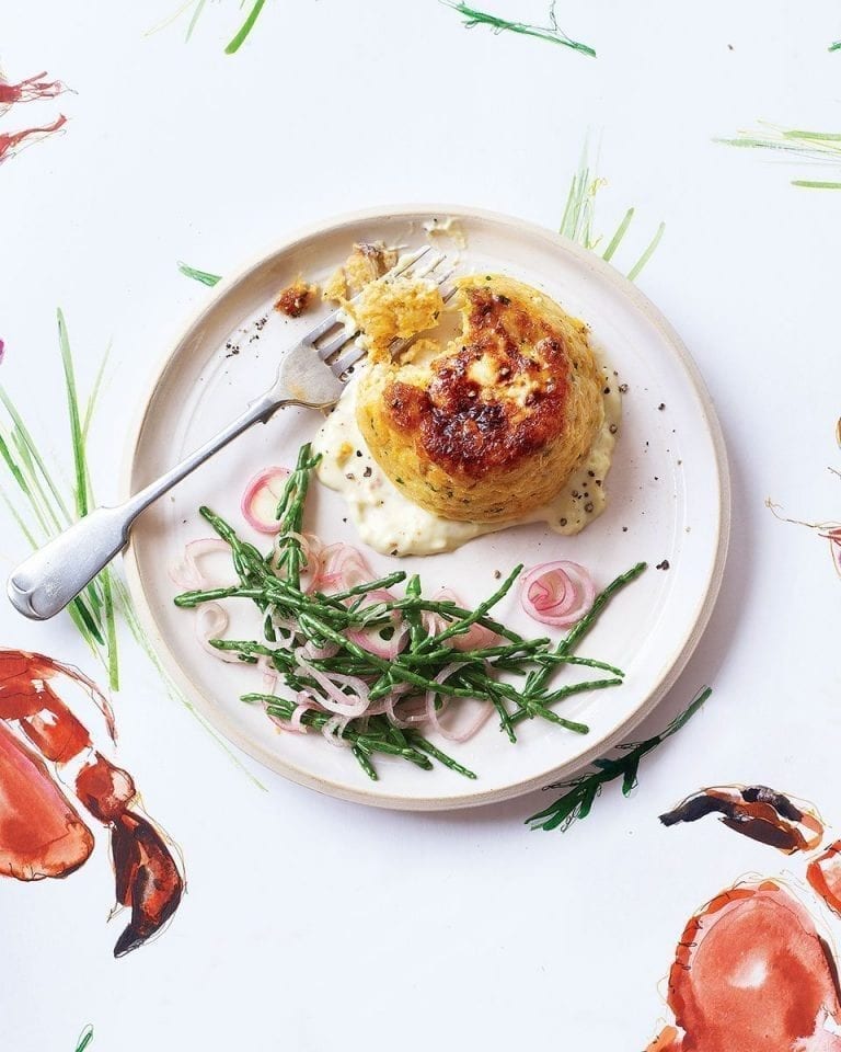 Twice-baked crab and chive soufflés with quick-pickled samphire
