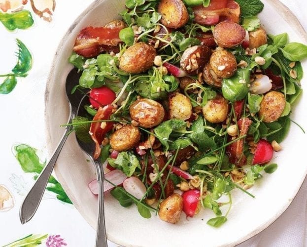 Roast jersey royals with radishes, bacon and brown butter recipe