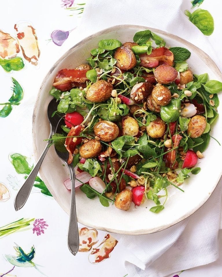 Roast jersey royal, spring herb, hazelnut and bacon salad with lemon brown butter dressing